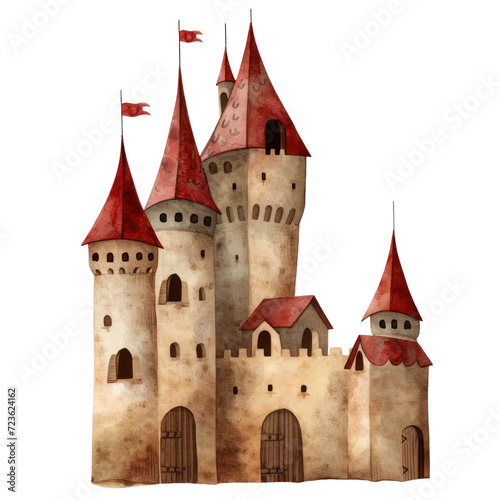 Watercolor illustration of red medieval castle isolated on background. Nursery art clipart  PNG Transparent background