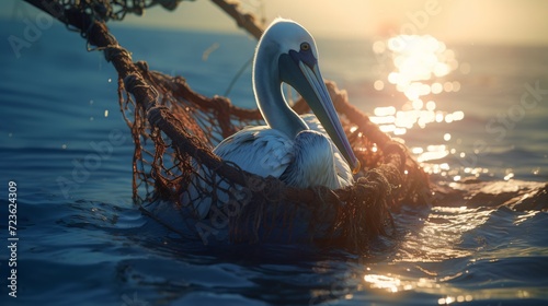 pelican entangled in a net in the sea, ecology, nature pollution, save nature, photo