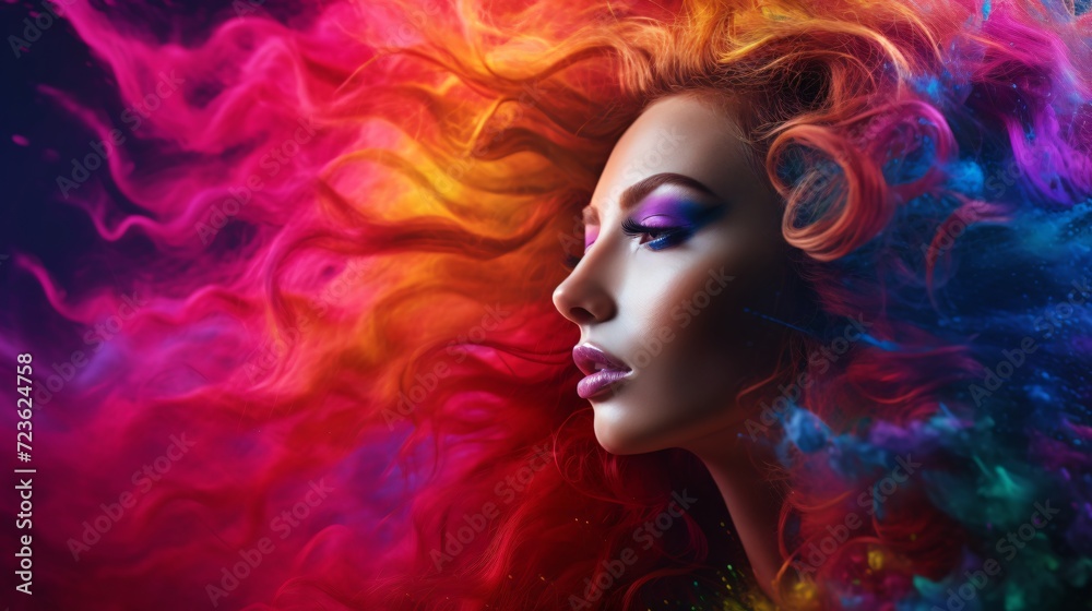 portrait of a woman in a mask,beautiful girl with hair in LGBT colors