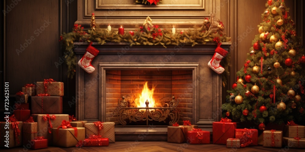 Christmas tree, fireplace, and gift boxes indoors. Christmas tree, fireplace, and gift boxes indoors.