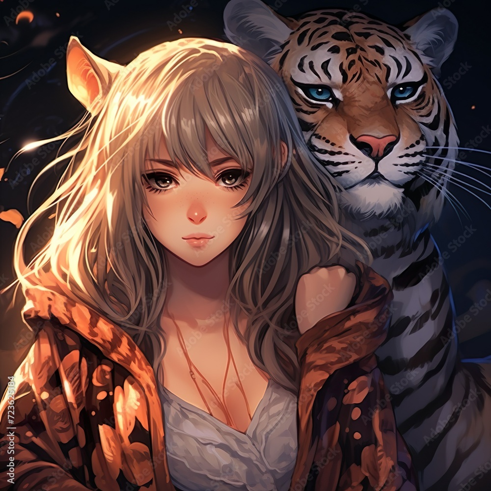 portrait of anime girl with a tiger portrait of anime girl with a tiger