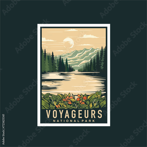 Emblem sticker patch logo illustration of Voyageurs National Park on dark background, lake and canoe vector badge photo
