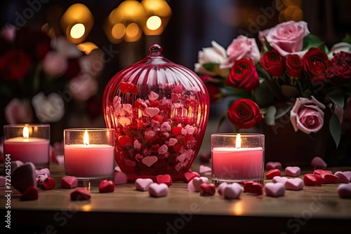 Romantic Valentine's Day Table Setting with Decorations and Candles in a Cozy Restaurant