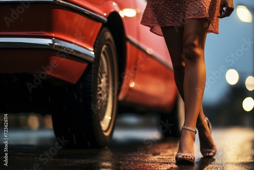 Eine Frau in einem Sommerkleid und High heels läuft neben einem Oldtimer, die Straße ist nass