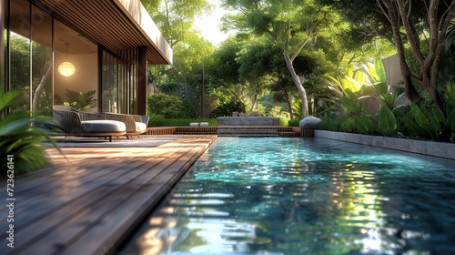 Modern poolside relaxation area with luxurious furnishings amidst a lush tropical garden setting.