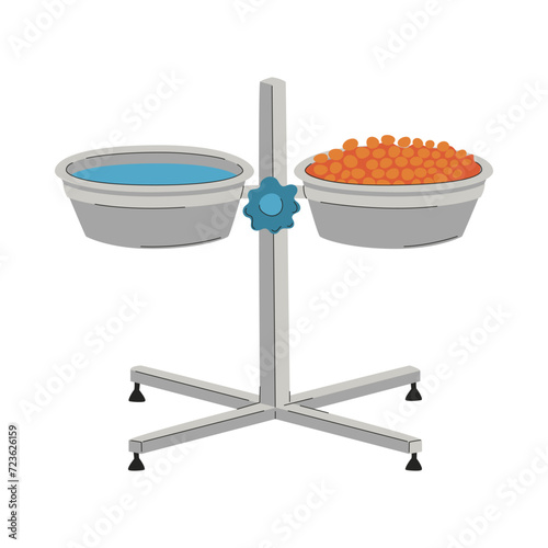 Bowls of food and water for dogs. A rack for bowls. A pet care item. A flat vector illustration isolated on a white background.