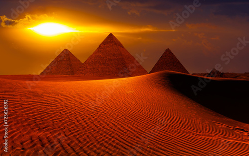 Eye of the god "Ra" - Giza Pyramid Complex at amazing sunset - Cairo, Egypt
