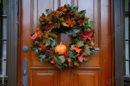 A festive Thanksgiving wreath hanging on a front door © PinkiePie