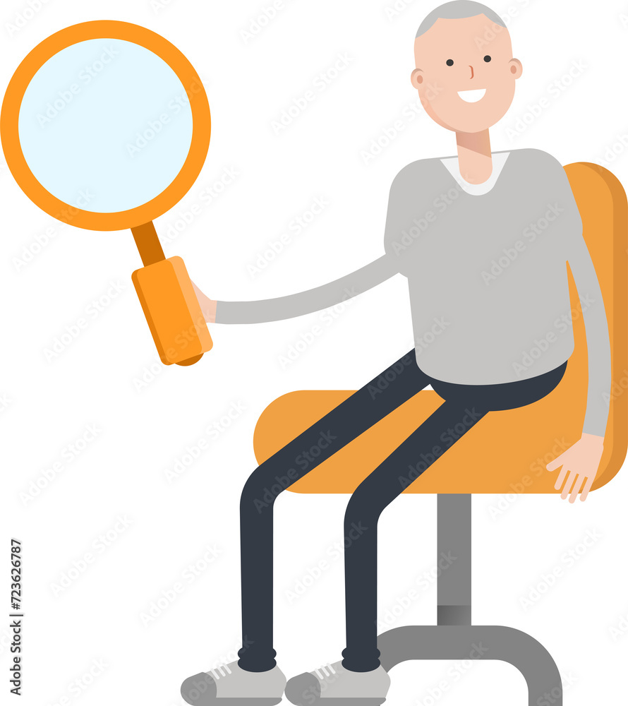 Man Character Sitting and Holding Magnifier
