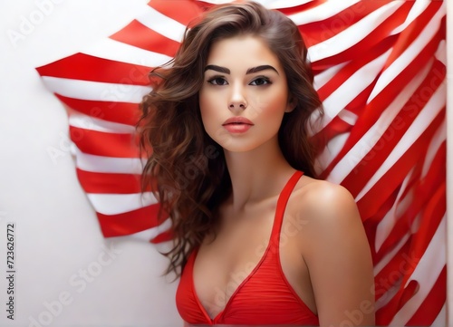 Beautiful young woman in swimsuit red on white background from Generative AI