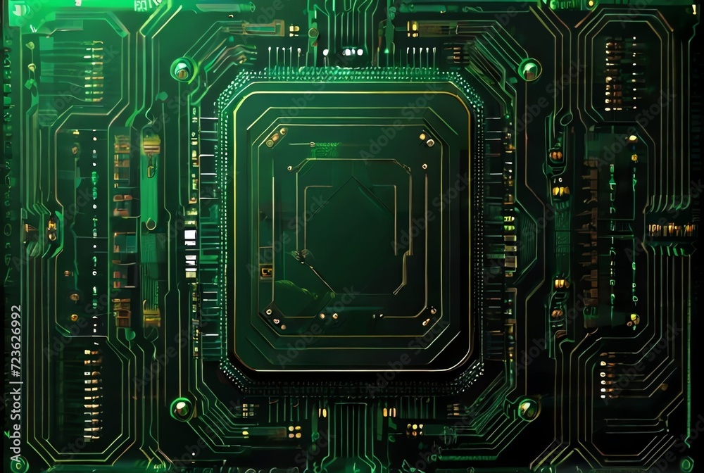 Fototapeta premium Computer technologies concept of Futuristic green circuit board and Modern technology circuit board texture background design from Generative AI