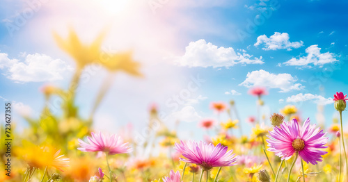 Colorful flower meadow with sunbeams and blue sky © big bro