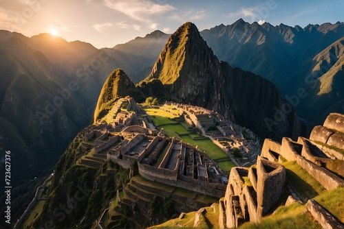 Serene Machu Picchu SunriseAerial drone shots capturing the tranquil sunrise over Machu Picchu