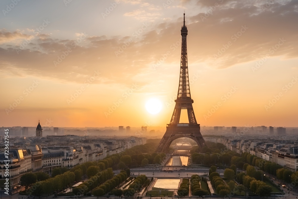 Naklejka premium Sunrise Over the Eiffel TowerAerial drone photography capturing the iconic Eiffel Tower at sunrise