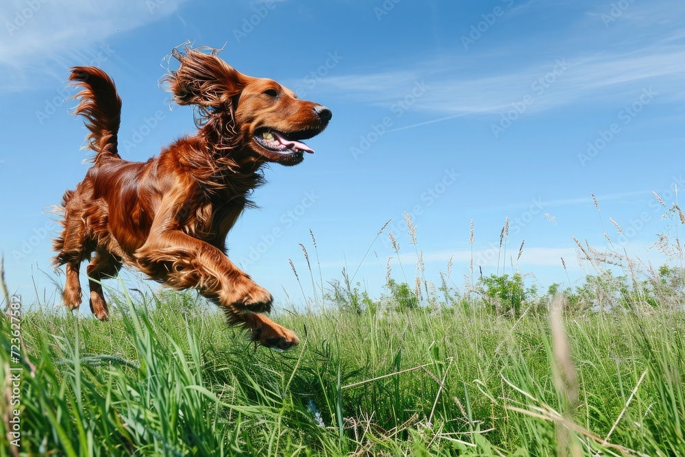 Irish setter with ears developing on the sides jumps across a green meadow on a sunny day with a clear blue sky. Space for text