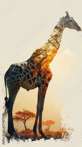 Full length giraffe silhouette with double exposure of African savannah at sunset. Safapri in Africa. The acceptability of extermination and killing of animals. photo
