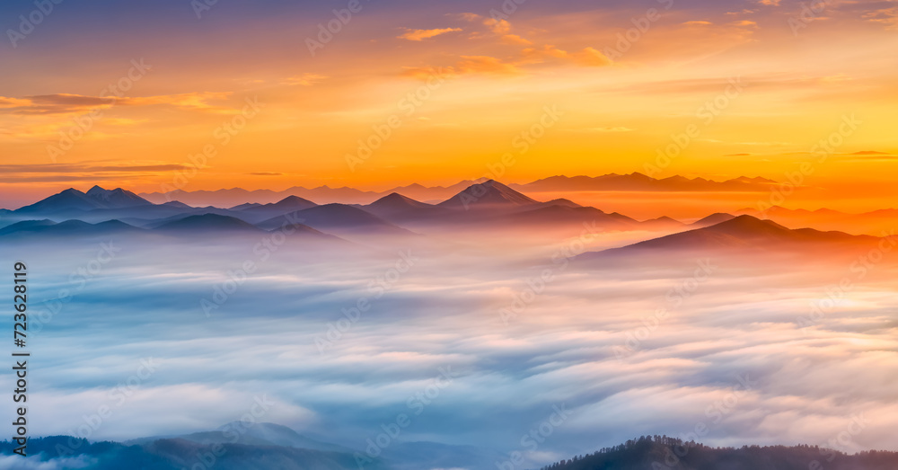 Mountain cloud and foggy at morning time with orange sky