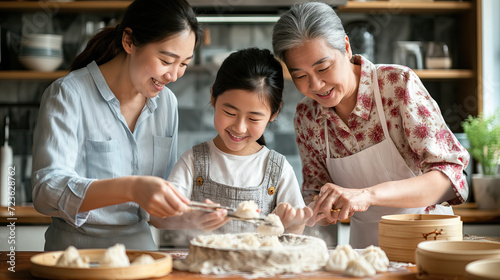 asian family is preparing new year dumplings photo