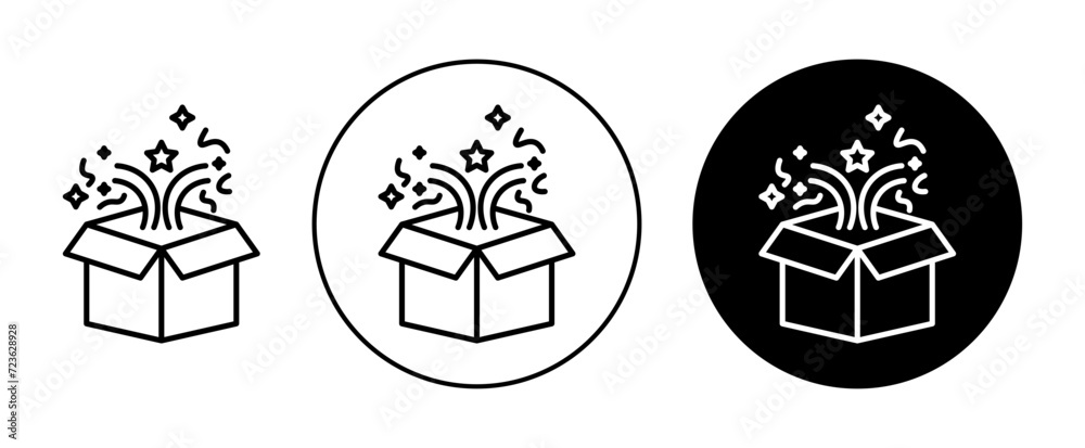 Magic box icon set. creative open gift surprise vector symbol in a black filled and outlined style. Present box explosion sign. - obrazy, fototapety, plakaty 