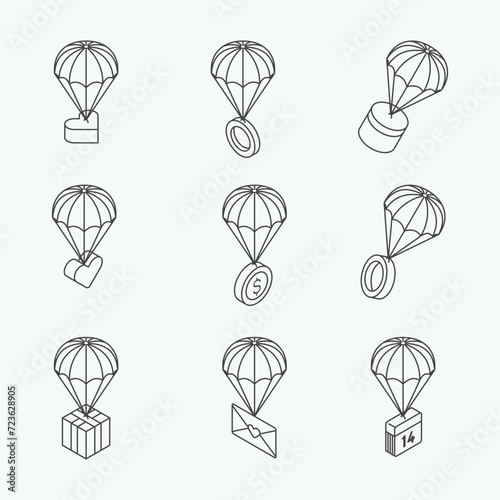Heart parachute isometric icon line art design. Love symbol for Valentine's Day or birthday. Isolated on white background vector.
