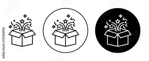 Magic box icon set. creative open gift surprise vector symbol in a black filled and outlined style. Present box explosion sign.