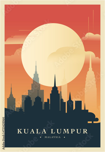 Kuala Lumpur city brutalism poster with abstract skyline, cityscape retro vector illustration. Malaysia capital travel front cover, brochure, flyer, leaflet, business presentation template image