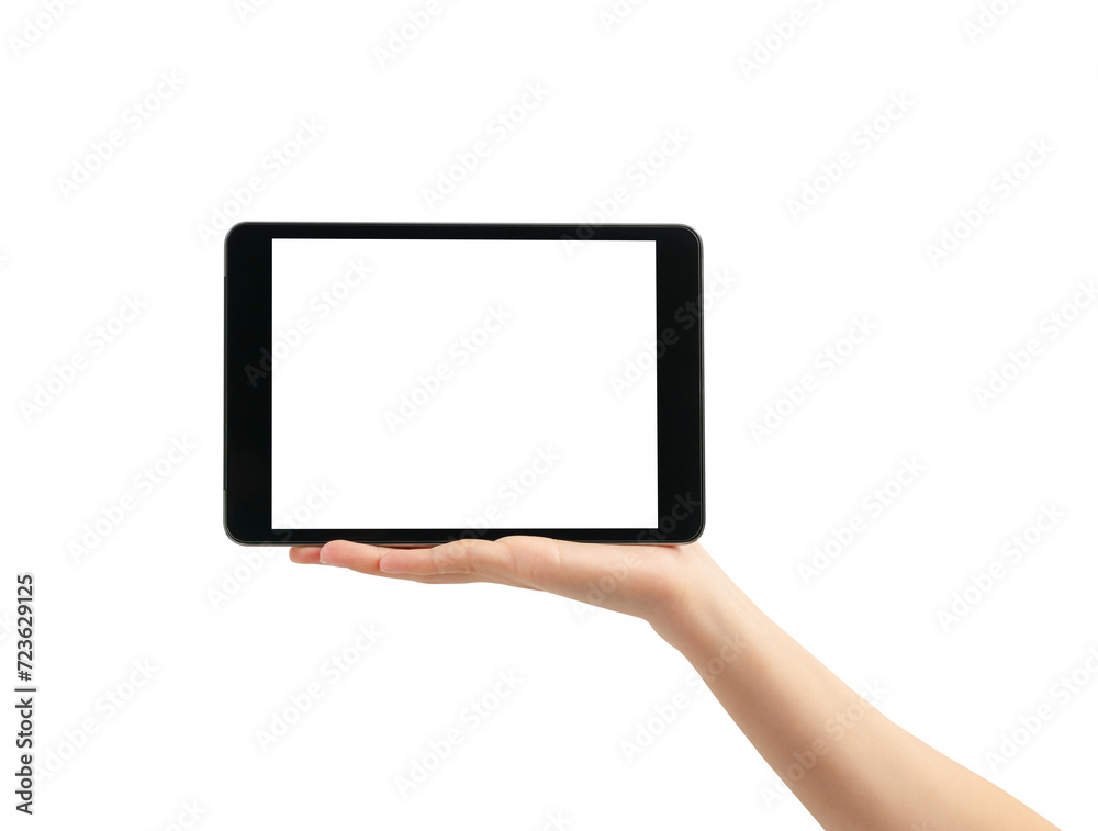 Hand holding the digital tablet with blank screen on white background. Hand holding the digital tablet with blank screen on white background.