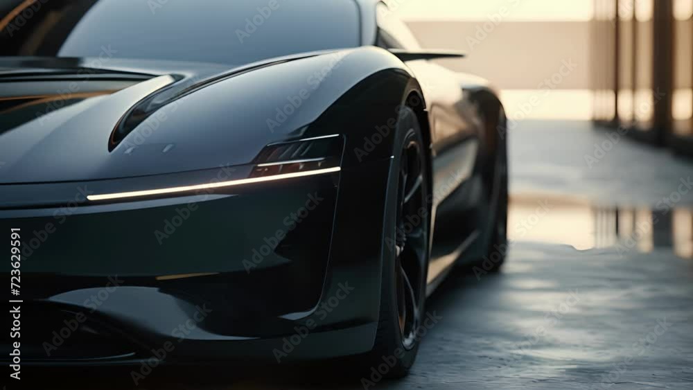 Closeup of the front of an electric car showcasing the smooth contours and sharply angled hood that helps the vehicle through the air effortlessly. Closeup of the front of an electric car showcasing the smooth contours and sharply angled hood that helps the vehicle through the air effortlessly.