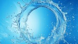 Clear water splash in form of circle. Transparent liquid on blue background
