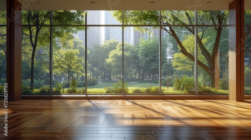 Spacious sunlit living room with a stunning view of a lush green park.