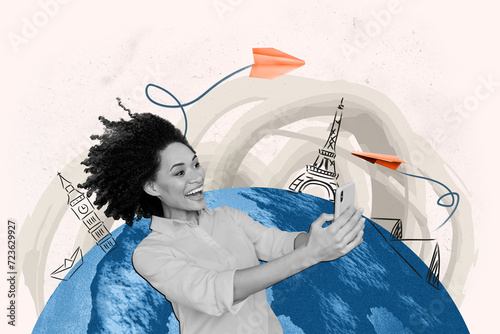 Фототапет Creative collage picture happy young girl traveler around world french tower jou