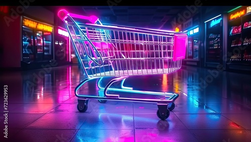 Retail and commerce concept with shopping cart business sales and marketing. Online shopping and e commerce cart technology. Empty supermarket representing discount purchase and retail trade photo