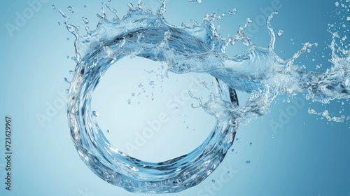 Clear water splash in form of circle. Transparent liquid on blue background 