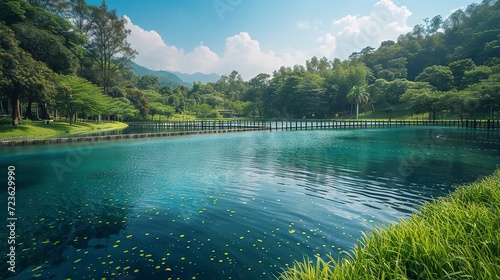 Serene water aeration system in a clear pond at a lush green park with mountain backdrop photo