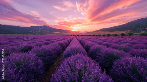 Sunset over a sprawling lavender farm with rows of purple blooms. © sopiangraphics