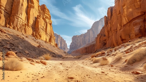 Majestic desert canyon entrance with towering sandstone cliffs under a clear sky photo