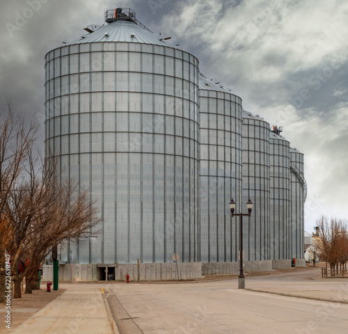 Five grain silos with street lamp and trees with the colors of fall with storm clouds. above.