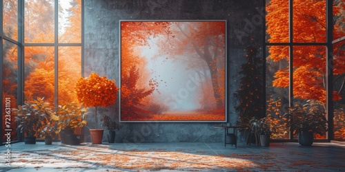 Artistic Frame Amidst Lush Red and Orange Foliage on Blue Wall.