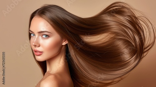 Brunette woman with long straight hair flowing in the wind