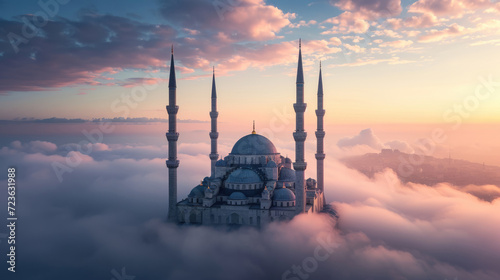 Sunset serenity above the clouds at a heavenly mosque