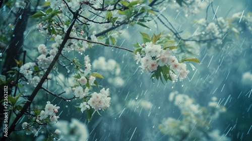 A tree with white flowers in the rain