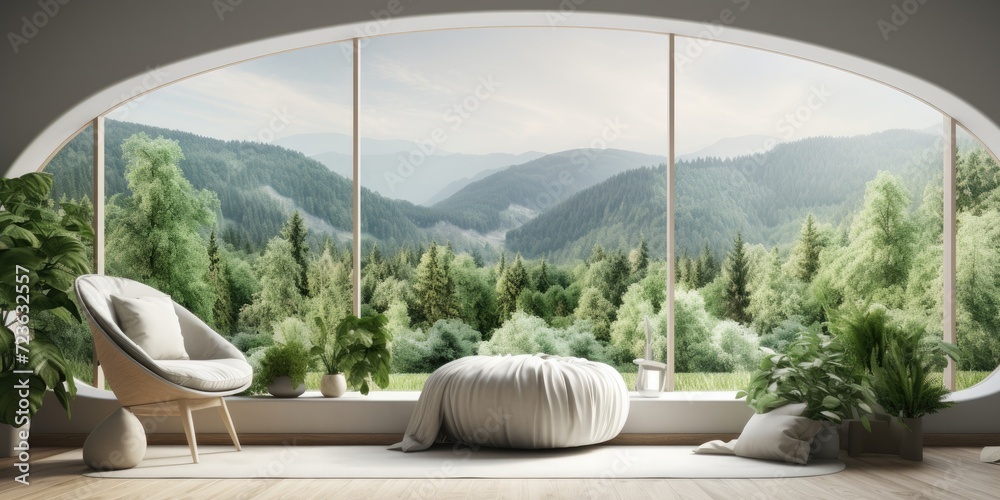 Scandinavian interior design with green landscape view in .
