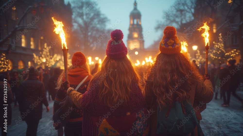 Group of People Walking Down a Street With Torches at Night