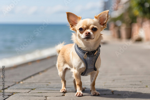 dog standing on the road against the sea © HMMR