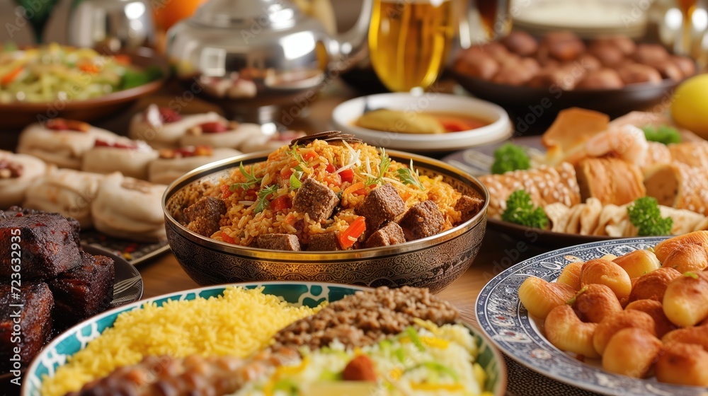 Bountiful Table Filled With Various Types of Food for Ramadan and Eid Celebration