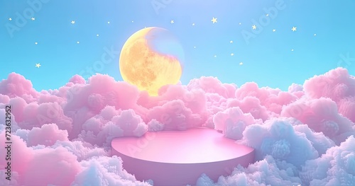 Moonlit sky with glowing full moon stars and clouds creating fantasy landscape. Night scene featuring bright starry space and abstract clouds. Dreamy moonlight background with luminous celestial