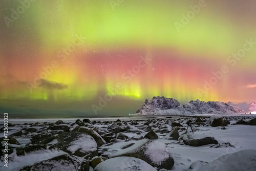 Northern lights aurora borealis taken during snow covered winter season on Lofoten islands in Norway © Aytug Bayer