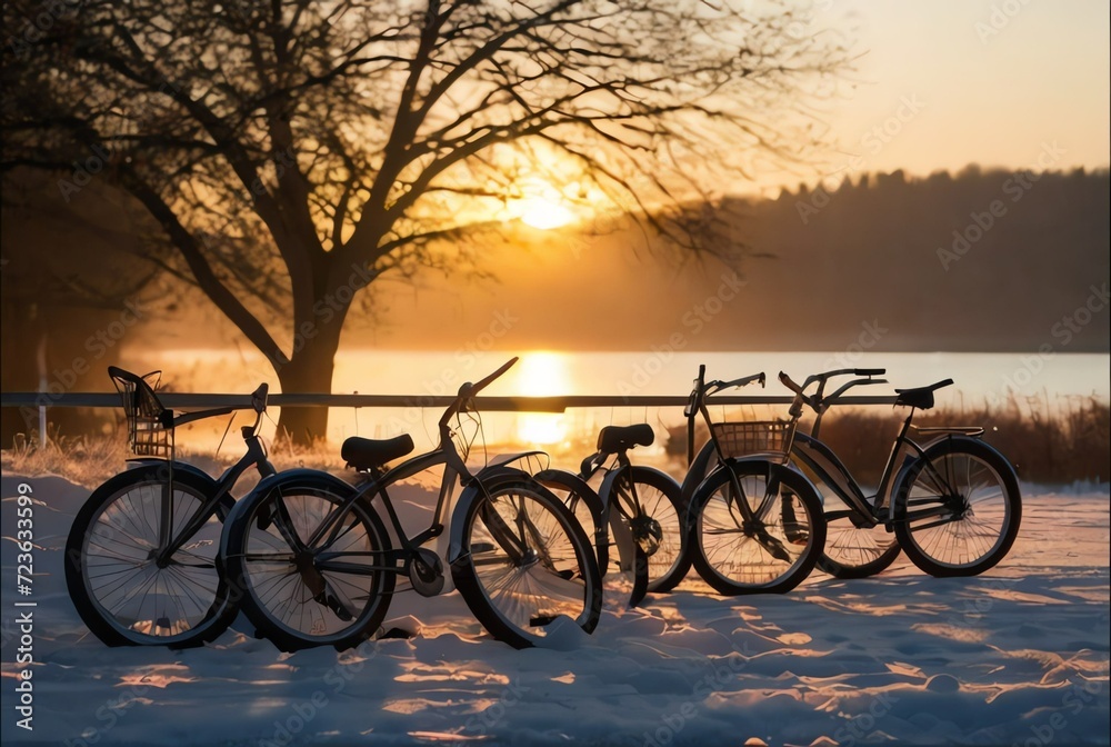 A row of bicycles parked in the snow for winter-themed designs and outdoor activities on sunrise from Generative AI