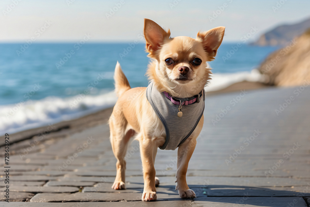 dog standing on the road against the sea dog standing on the road against the sea