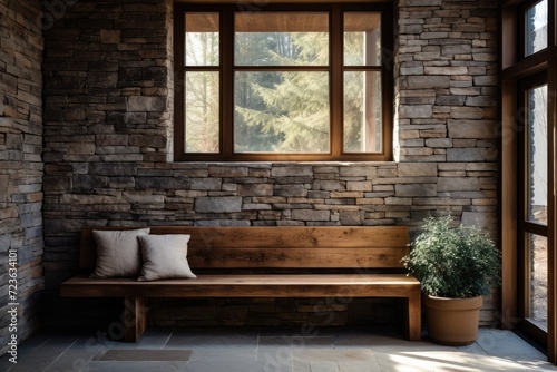 Wooden bench against grey wall. Scandinavian, rustic farmhouse interior design of modern entryway
